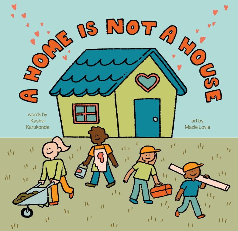 An illustrated image of a house with various workers and volunteers outside smiling