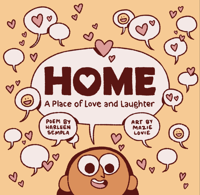 An illustrated girl's face surrounded by hearts and speech bubbles with the title Home: A place of love and laughter